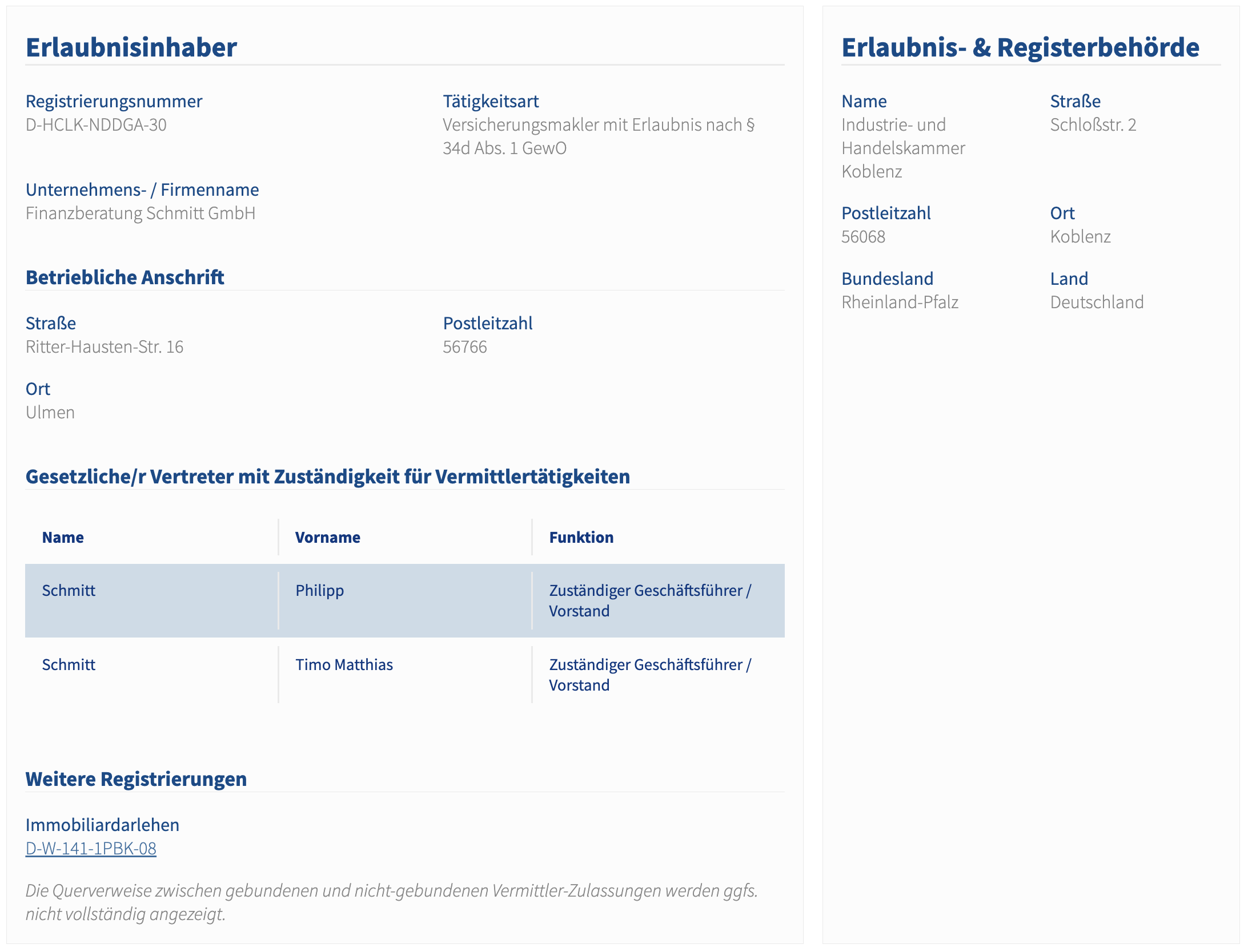Screenshot Vermittlerregister